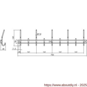 Intersteel Essentials 7380 garderobe rek 700x160 mm met 9 haken RVS - A26006188 - afbeelding 2
