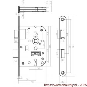 Intersteel Essentials 9542 woningbouw klavier dag- en nachtslot 55 mm voorplaat afgerond RVS 20x174 mm doorn 50 mm met sluitplaat en 2 sleutels - A26007081 - afbeelding 2