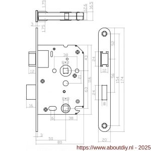 Intersteel 9544 woningbouw badkamer-toilet slot 63/8 mm voorplaat afgerond wit gelakt 20x174 mm doorn 50 mm met sluitplaat Industrieverpakking - A26008915 - afbeelding 2
