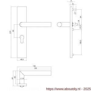 Intersteel 1407 deurkruk Jura op schild verdekt rechthoekig 219x40 mm met nokken profielcilindergat 55 mm RVS - A26009034 - afbeelding 2