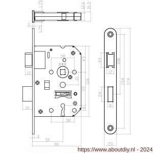 Intersteel Essentials 9542 woningbouw klavier dag- en nachtslot 55 mm voorplaat afgerond RVS 20x174 mm doorn 50 mm met sluitplaat en 2 sleutels - A26007081 - afbeelding 2