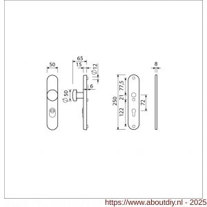 Ami VHB 250/15-169/50 KT veiligheids knop-kruk langschildgarnituur SKG*** kerntrekbeveiliging Archi Design ovaal VHB 250/15 knop 169/50 KT 72 en zonder deurkruk profielcilinder PC 72 Irox deurdikte 38-42 mm - A10901193 - afbeelding 1