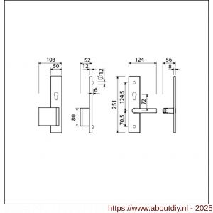 Ami VHB 251/50-90/80 senioren veiligheidsvoordeur-duwerlangschildgarnituur SKG** omkeer VHB 251/50 profielcilinder PC 72 omkeer deurduwer 90/80 links F1 en profielcilinder PC 72 omkeer deurkruk 332 deurdikte 53-57 mm - A10900830 - afbeelding 2