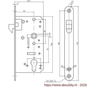 S&B 105630.4 dag en nacht cilinder schuifduerslot 105630.4 PZ 55 mm PC75 voorplaat 210x25 mm U messing mat chroom - A40615053 - afbeelding 2