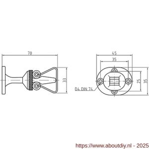 S&B 253101.6 deurvastzetter L=70 mm D=45x35 mm met rubber aanslag messing gepolijst chroom - A40615133 - afbeelding 2