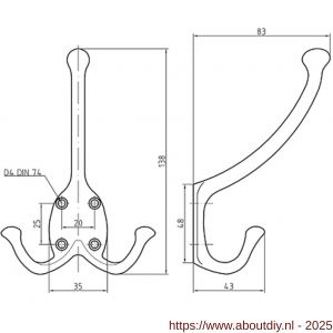 S&B 590000.9 hoed en jas kapstokhaak dubbel 2 armig 110 mm messing mat chroom - A40615165 - afbeelding 2