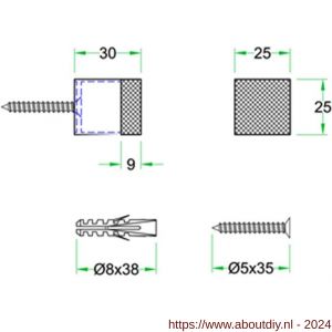 Artitec deurbuffer wandmontage vierkant 25x25x30 mm RVS mat - A23000680 - afbeelding 2