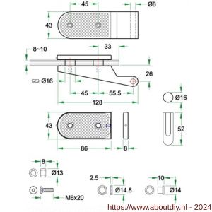 Artitec glasdeur scharnier paar 2-delig RVS mat - A23000008 - afbeelding 2