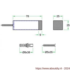 Artitec deurbuffer wandmontage vierkant 25x25x78 mm RVS mat - A23000681 - afbeelding 2