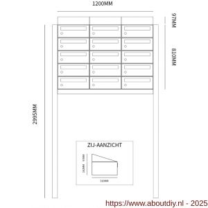 Allux Hive set postkast staal verzinkt gepoedercoat 3-breed 5-hoog met dak op statief zwart - A11201531 - afbeelding 2