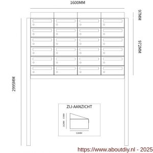 Allux Hive set postkast staal verzinkt gepoedercoat 4-breed 6-hoog met dak op statief zwart - A11201559 - afbeelding 2
