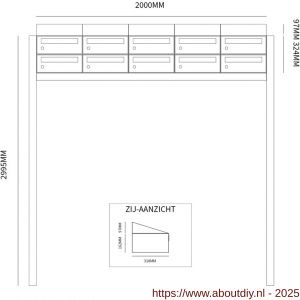 Allux Hive set postkast staal verzinkt gepoedercoat 5-breed 2-hoog met dak op statief zwart - A11201567 - afbeelding 2