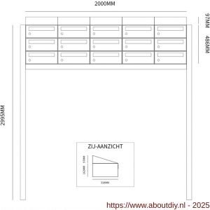 Allux Hive set postkast staal verzinkt gepoedercoat 5-breed 3-hoog met dak op statief zwart - A11201571 - afbeelding 2