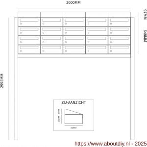 Allux Hive set postkast staal verzinkt gepoedercoat 5-breed 4-hoog met dak op statief zwart - A11201575 - afbeelding 2