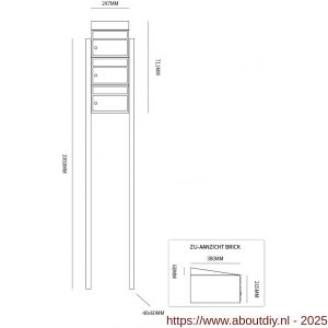 Allux Brickset postkast staal verzinkt gepoedercoat 3-hoog met dak op statief antraciet - A11201245 - afbeelding 2