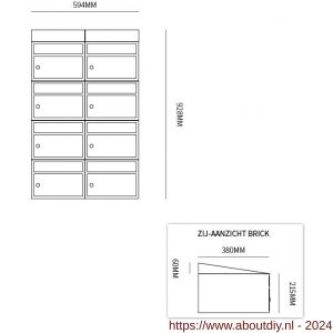 Allux Brickset postkast staal verzinkt gepoedercoat 2-breed 4-hoog met dak antraciet - A11201254 - afbeelding 2