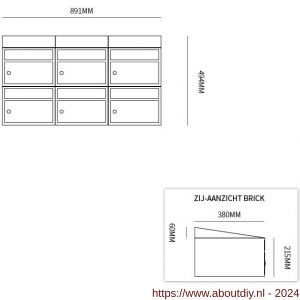 Allux Brickset postkast staal verzinkt gepoedercoat 3-breed 2-hoog met dak antraciet - A11201258 - afbeelding 2