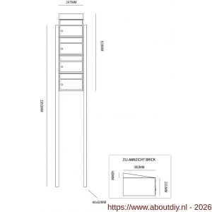 Allux Brickset postkast staal verzinkt gepoedercoat 4-hoog met dak op statief zwart - A11201289 - afbeelding 2