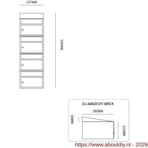 Allux Brickset postkast staal verzinkt gepoedercoat 4-hoog met dak zwart - A11201288 - afbeelding 2
