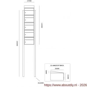 Allux Brickset postkast staal verzinkt gepoedercoat 5-hoog met dak op statief zwart - A11201291 - afbeelding 2