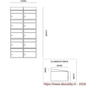 Allux Brickset postkast staal verzinkt gepoedercoat 2-breed 5-hoog met dak zwart - A11201298 - afbeelding 2