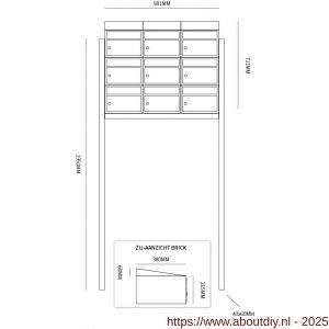 Allux Brickset postkast staal verzinkt gepoedercoat 3-breed 3-hoog met dak op statief zwart - A11201303 - afbeelding 2