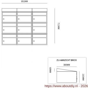 Allux Brickset postkast staal verzinkt gepoedercoat 3-breed 3-hoog met dak zwart - A11201302 - afbeelding 2