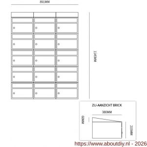 Allux Brickset postkast staal verzinkt gepoedercoat 3-breed 5-hoog met dak zwart - A11201306 - afbeelding 2