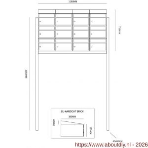 Allux Brickset postkast staal verzinkt gepoedercoat 4-breed 3-hoog met dak op statief zwart - A11201311 - afbeelding 2