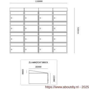 Allux Brickset postkast staal verzinkt gepoedercoat 4-breed 4-hoog met dak zwart - A11201312 - afbeelding 2