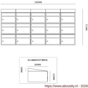 Allux Brickset postkast staal verzinkt gepoedercoat 5-breed 3-hoog met dak zwart - A11201318 - afbeelding 2