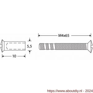 Wallebroek Mi Satori 00.9001.90 patentbout met huls M4x65 mm messing mat zwart 2 stuks - A25002250 - afbeelding 2