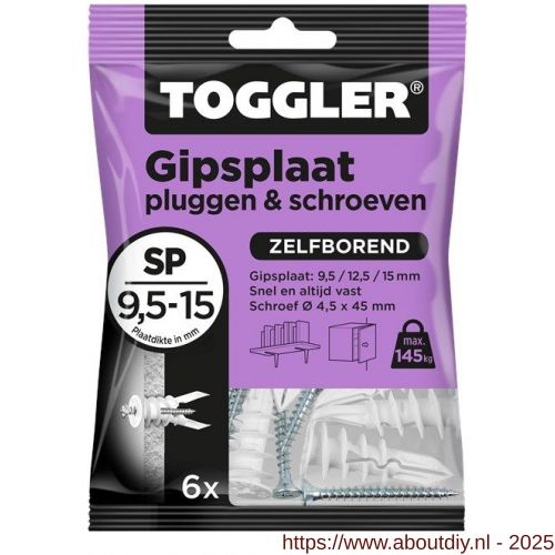 Toggler SP-6-schroef gipsplaatplug SP met schroef zak 6 stuks gipsplaat 9-15 mm - A32650008 - afbeelding 1