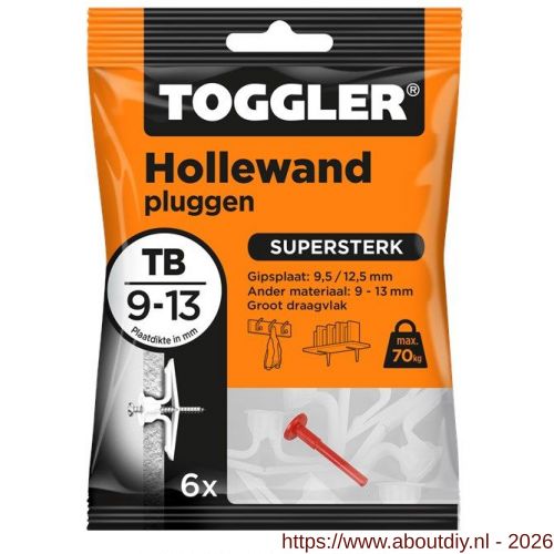Toggler TB-6 hollewandplug TB zak 6 stuks plaatdikte 9-13 mm - A32650010 - afbeelding 1