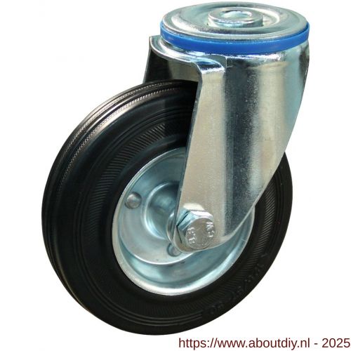 Protempo serie 02-12 zwenk transportwiel boutgat stalen gaffel stalen velg standaard zwarte rubberen band 125 mm rollager - A20913095 - afbeelding 1