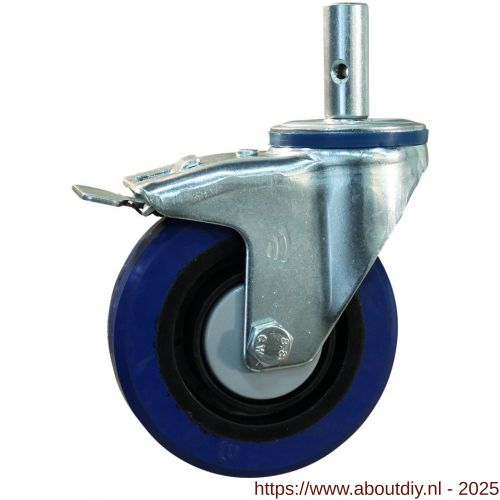 Protempo serie 13-12 zwenk transportwiel pen dubbele rem naloop stalen gaffel zwarte PA velg blauwe elastische rubberen band ± 70 shore A 125 mm kogellager - A20913216 - afbeelding 1