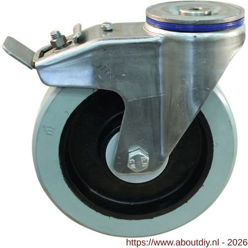 Protempo serie 14-31 zwenk transportwiel boutgat dubbele rem naloop RVS gaffel zwarte PA velg grijze elastische rubberen band ± 65 shore A 200 mm kogellager RVS - A20913074 - afbeelding 1