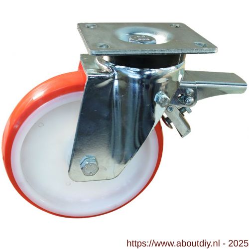 Protempo serie 27-19 zwenk transportwiel plaatbevestiging dubbele rem voorloop stalen gaffel witte PA velg rode TPU band ± 97 shore A 200 mm rollager - A20912377 - afbeelding 1