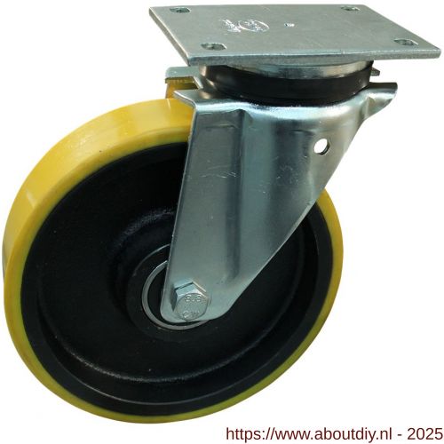Protempo serie 28-14 zwenk transportwiel plaatbevestiging stalen gaffel gietijzeren velg PU band ± 94 shore A 200 mm kogellager - A20912618 - afbeelding 1